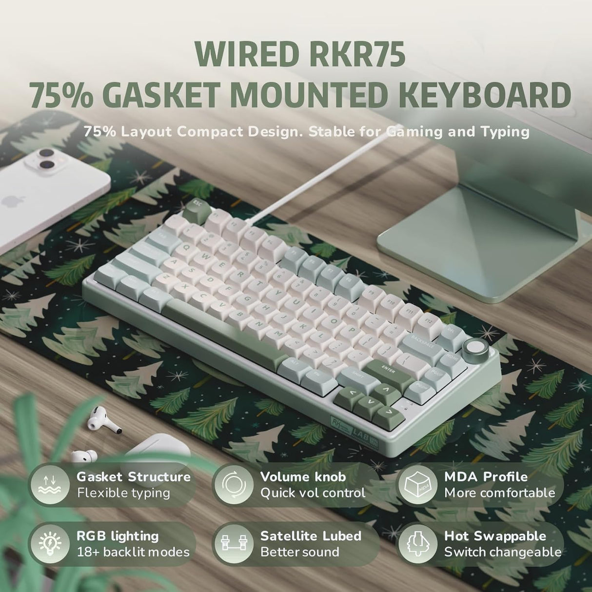RK ROYAL KLUDGE R75 Tri-Mode Hot Swappable Mechanical Gaming Keyboard - Misty Rain Switch