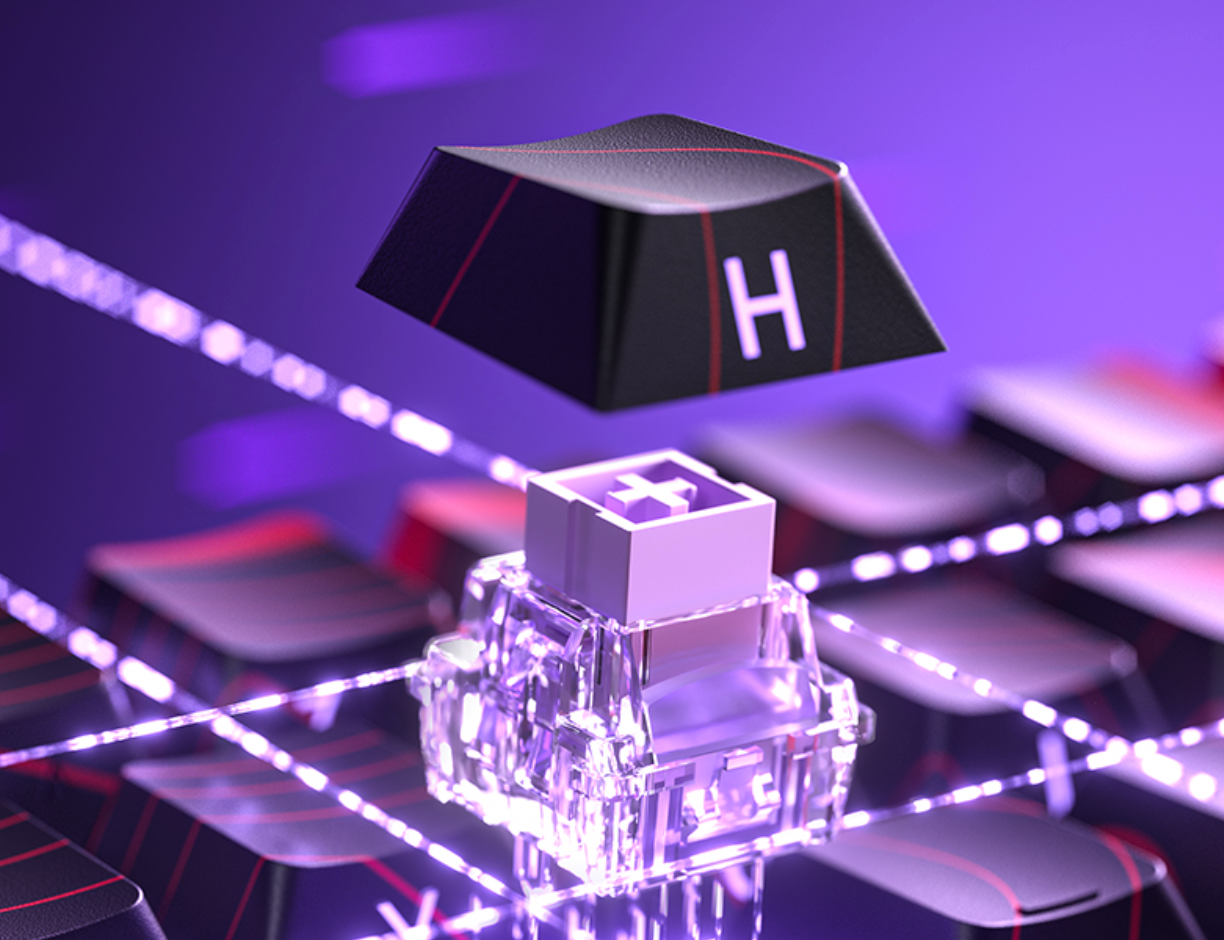 Mechanical keyboard key with glowing purple LED and transparent switch
