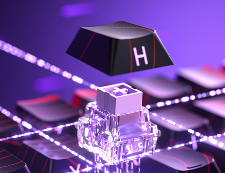 Mechanical keyboard key with glowing purple LED and transparent switch