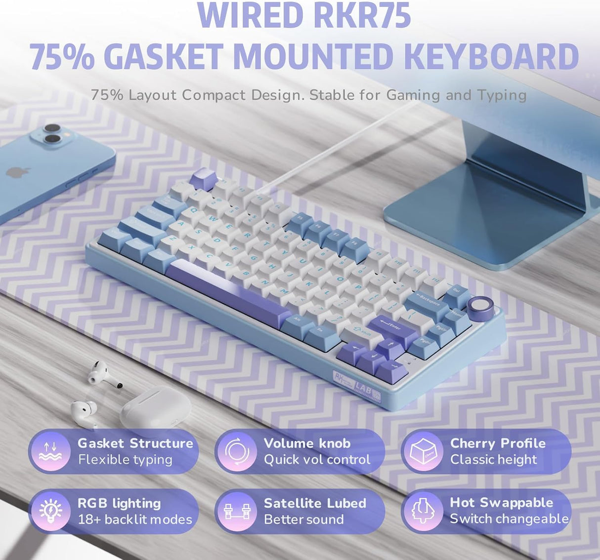 RK ROYAL KLUDGE R75 Tri-Mode Hot Swappable Mechanical Gaming Keyboard - Misty Rain Switch