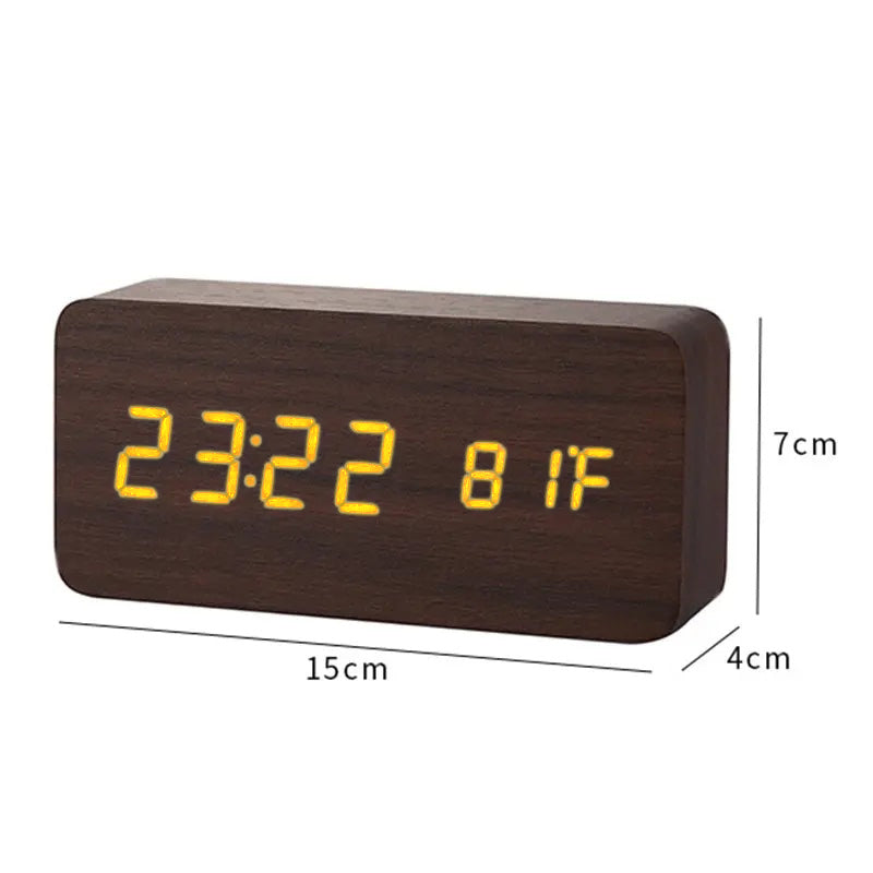 Alarm Clock Digital LED Wooden Watch Table Voice Control